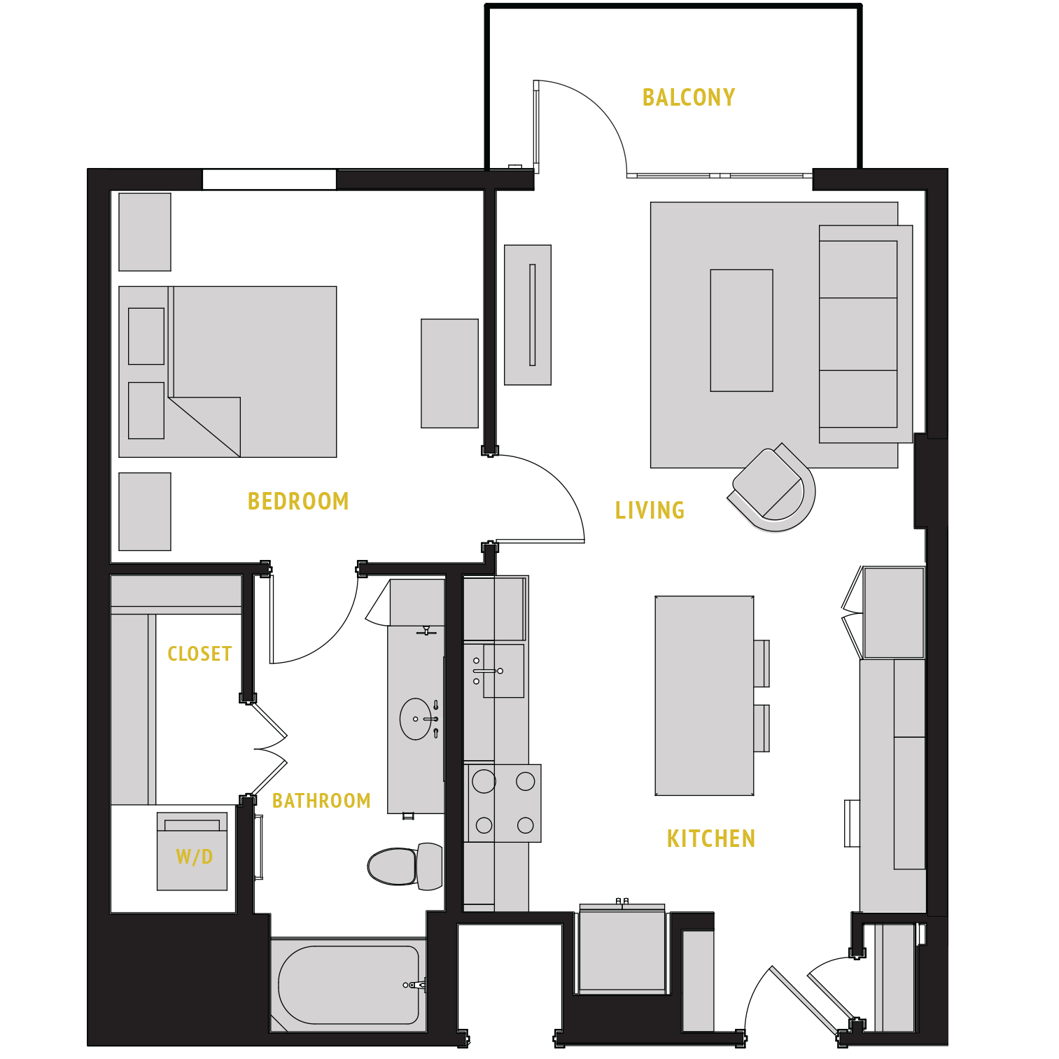 Floor plan for 1 bed, 1 bath, 764 sqft